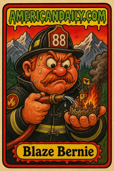 Cartoon of a firefighter with a huge head trying to put out a mini fire on Eagle's Nest with a trickle of water. Background shows Bavarian Alps.