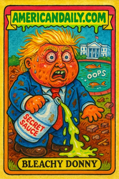 A satirical card depicting a Trump-like figure with an oversized bleach jug, surrounded by chaos at the reflecting pool. Fish spell 'Oops' in bubbles.