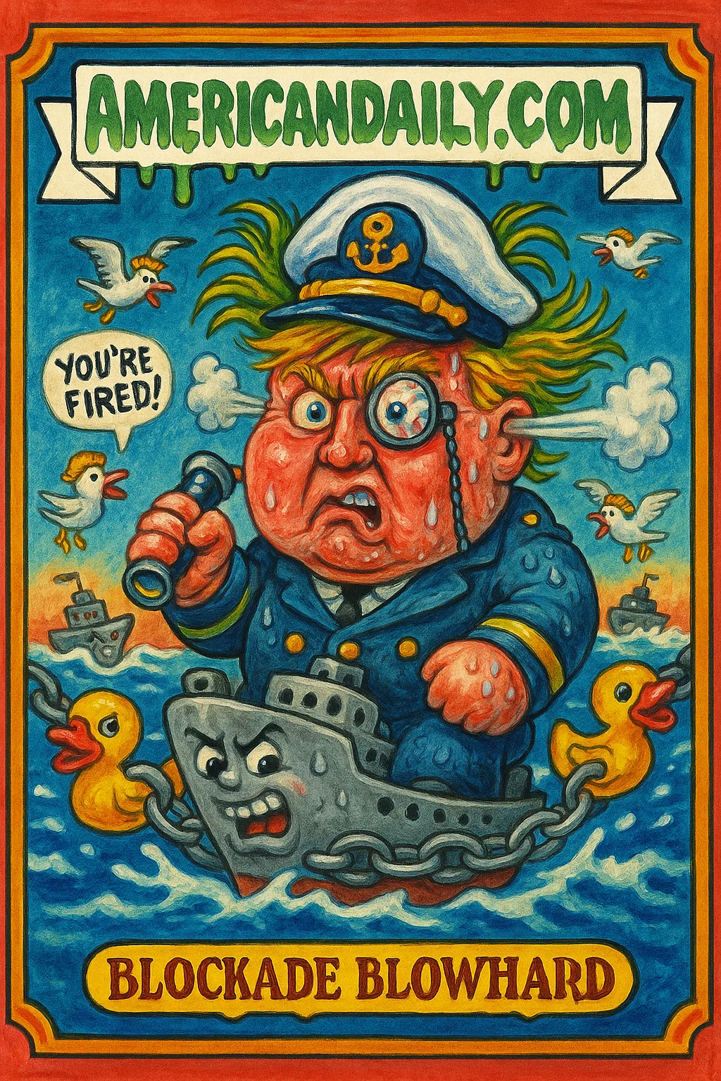 Grotesque caricature of Trump as a sea captain, with bloated features and toy-like ships defying navy chains, poking fun at a naval blockade.