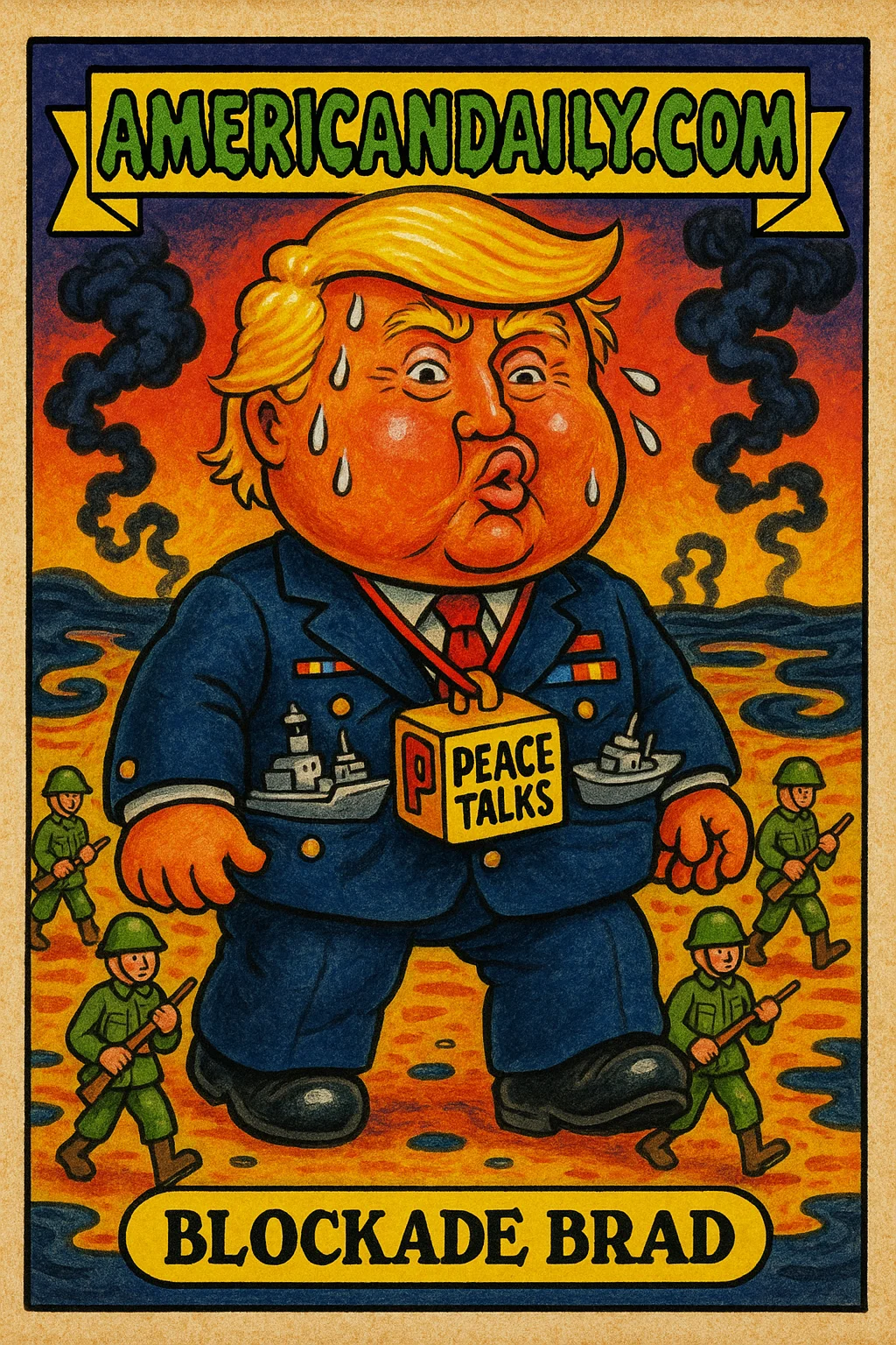 Cartoon of an orange-faced, exaggerated politician in a mock military outfit with oversized toys and fake medals, set against a chaotic sea background.