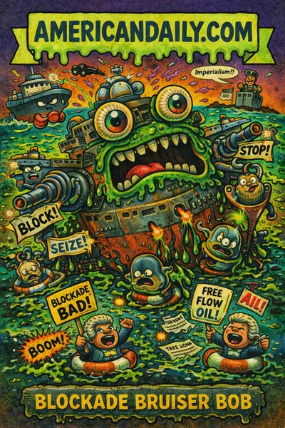 A grotesque cartoon of a monstrous warship-oil tanker hybrid surrounding a Venezuelan port in a slimy naval blockade, with tiny oil barrels and angry protest critters, satirizing the U.S. blockade of sanctioned Venezuelan oil tankers.