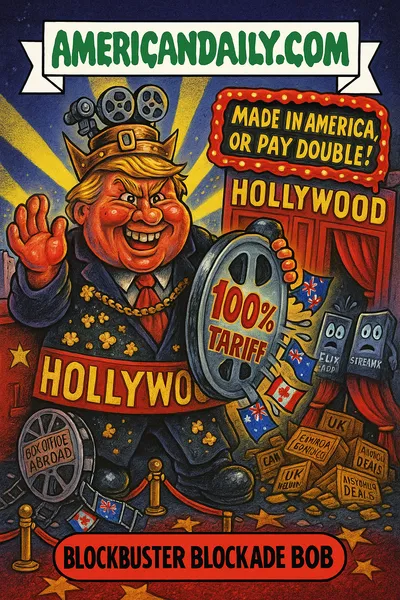 Cartoon parody of a monstrous "Blockbuster Overlord Bob" holding up a "100% Tariff" film reel shield at a "Hollywood Gate" to block foreign film strips, crumbling box office crates labeled "UK," "Canada," "Australia," streaming apps cowering behind curtains, marquee reading "Made in America, or Pay Double!"