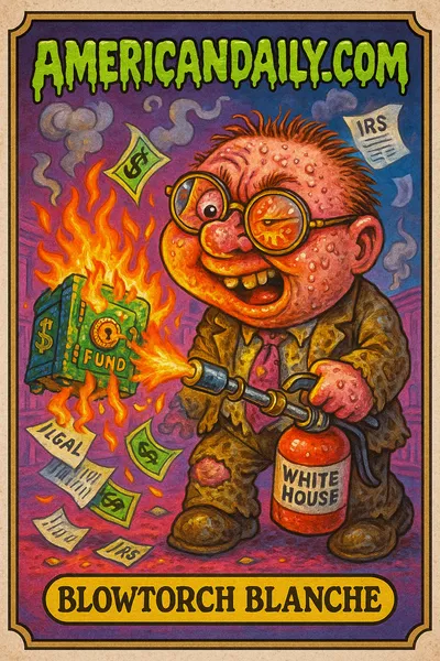 Trading card showing Blowtorch Blanche, a grotesque figure with a massive head, melting a 'Trump Fund' piñata with a blowtorch, documents and money flying everywhere.