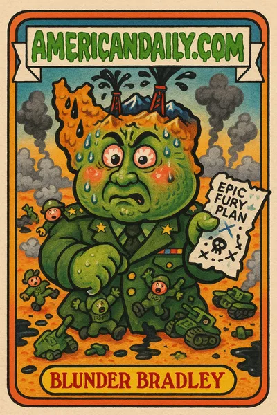 A distorted general with a head shaped like a chaotic map of Iran, surrounded by crashing military vehicles and a torn strategy plan.