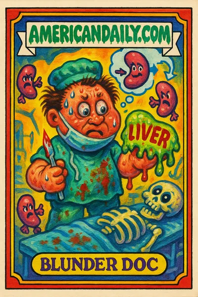 A grotesque surgeon with bulging eyes holds a slimy liver, surrounded by angry spleens, in a chaotic operating room. Caption reads 'Blunder Doc'.