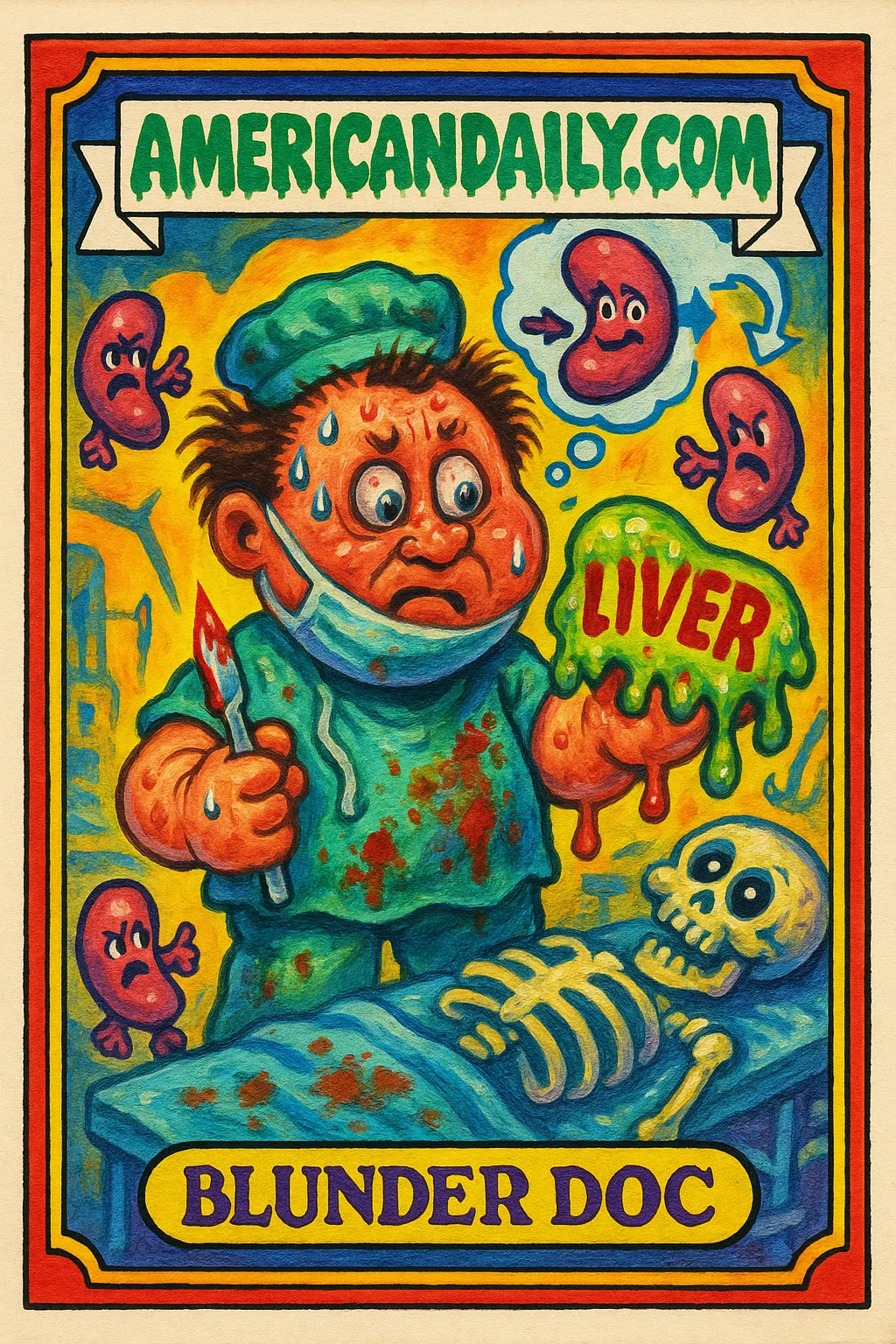 A grotesque surgeon with bulging eyes holds a slimy liver, surrounded by angry spleens, in a chaotic operating room. Caption reads 'Blunder Doc'.