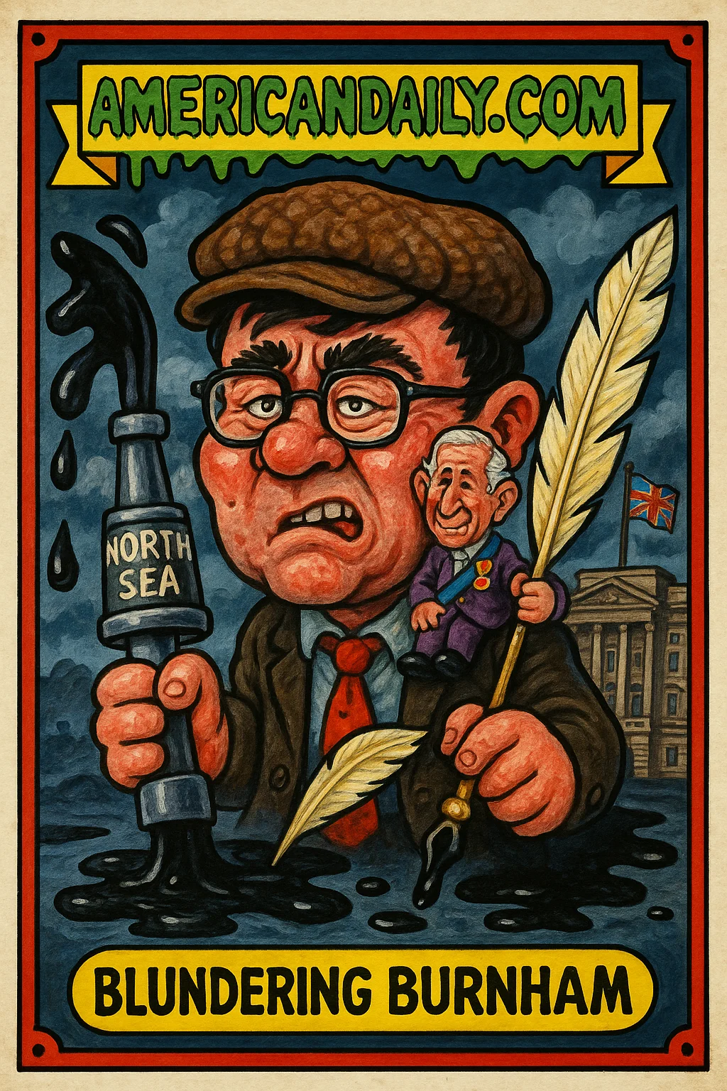 A grotesque cartoon of Andy Burnham with oversized features, a newsboy cap, large oil drill, and mini King Charles perched on his shoulder, against a stormy Buckingham Palace.