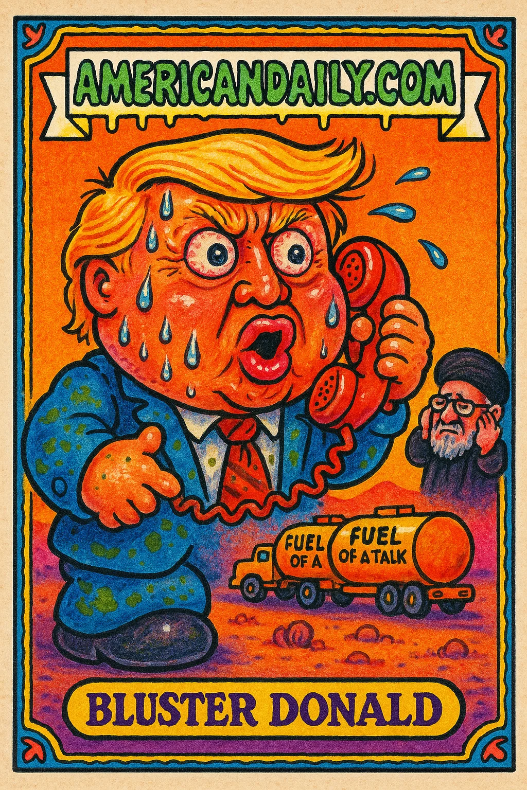 Grotesque Trump with toy phone, Iranian figure plugging ears, tankers labeled 'Fuel of a Talk' in a desert background.