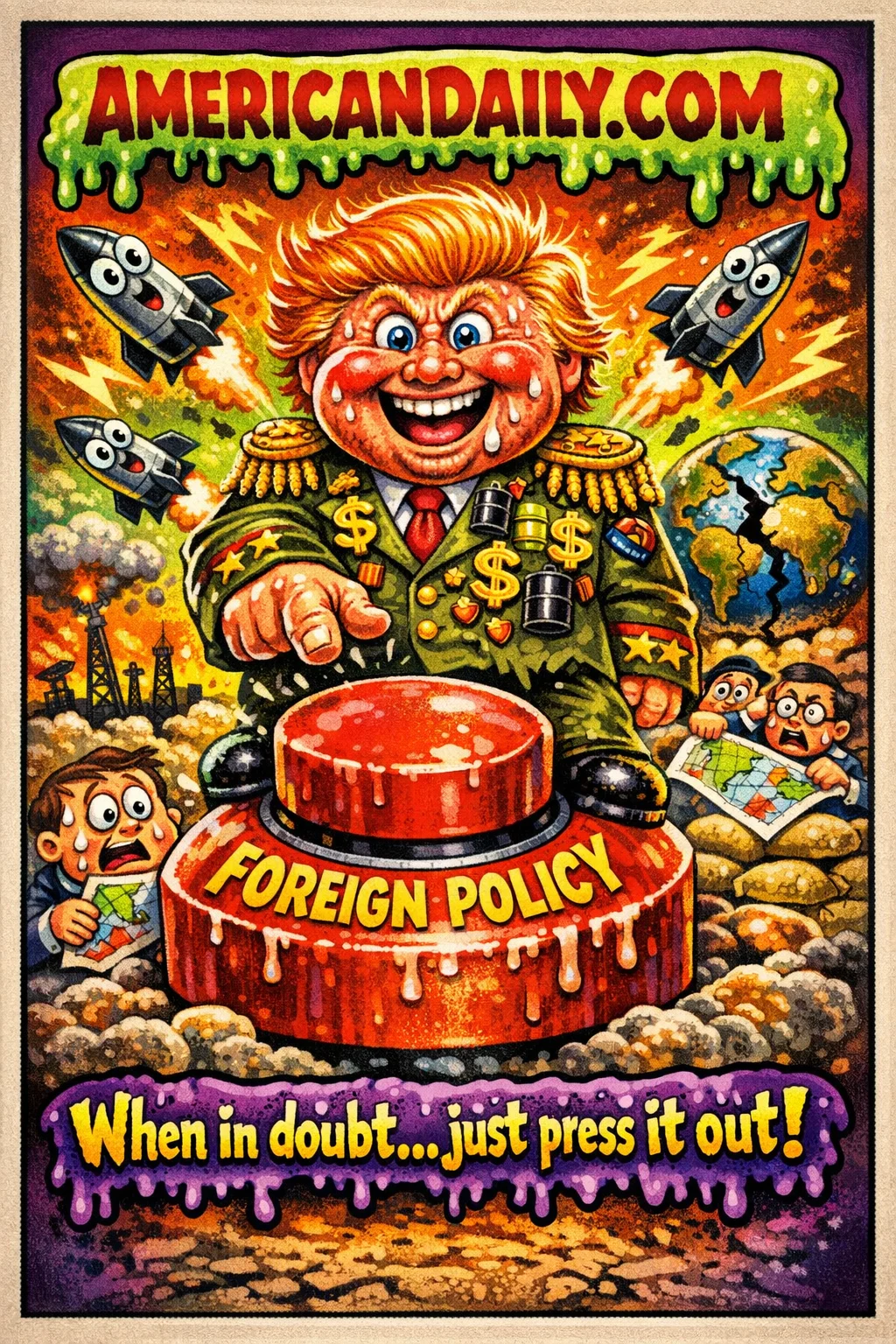 Grotesque cartoon parody trading card showing a flamboyant political leader standing on a giant red button labeled foreign policy while cartoon missiles launch in a radioactive sky, with slime-dripping AMERICANDAILY.COM banner above.