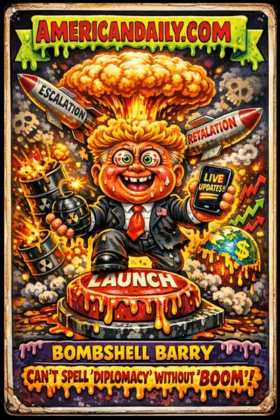 Grotesque cartoon trading card showing exaggerated political leader standing on a melting launch button with missiles and exploding oil barrels in background, slime-dripping AMERICANDAILY.COM banner at top.