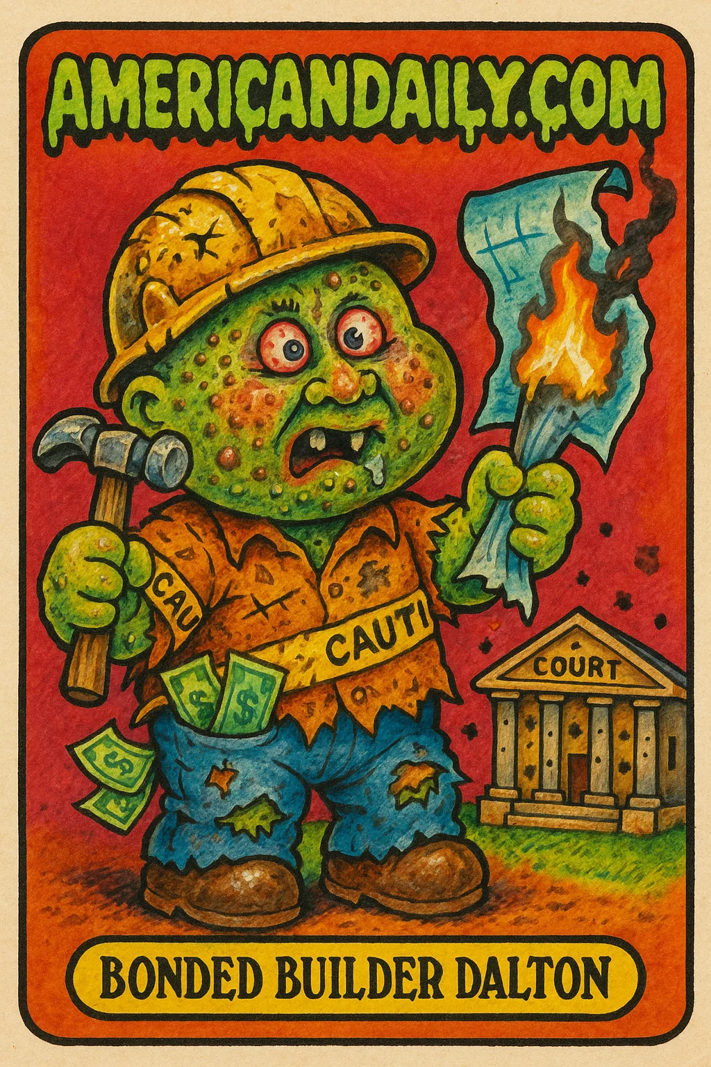 Grotesque cartoon of 'Bonded Builder Dalton', a warped construction worker with dollar bills flying out of pockets and bullet-riddled courthouse.