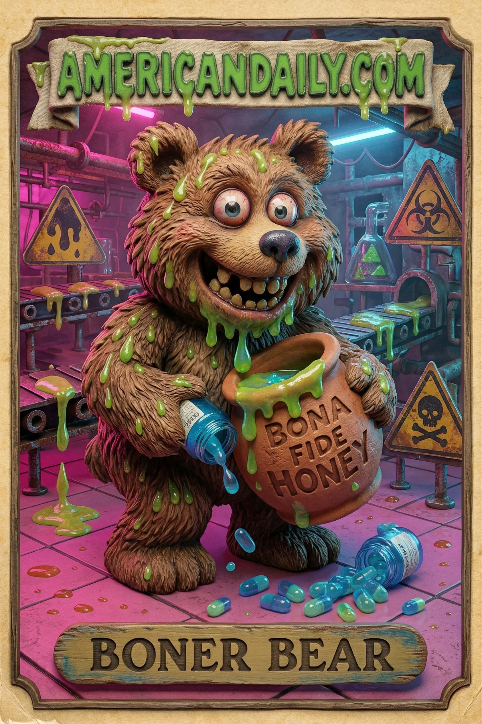 A satirical trading card of a grotesque bear named Boner Bear with sticky fur, messy honey pot, and little blue pills, surrounded by chaotic honey factory setting. — 3D version