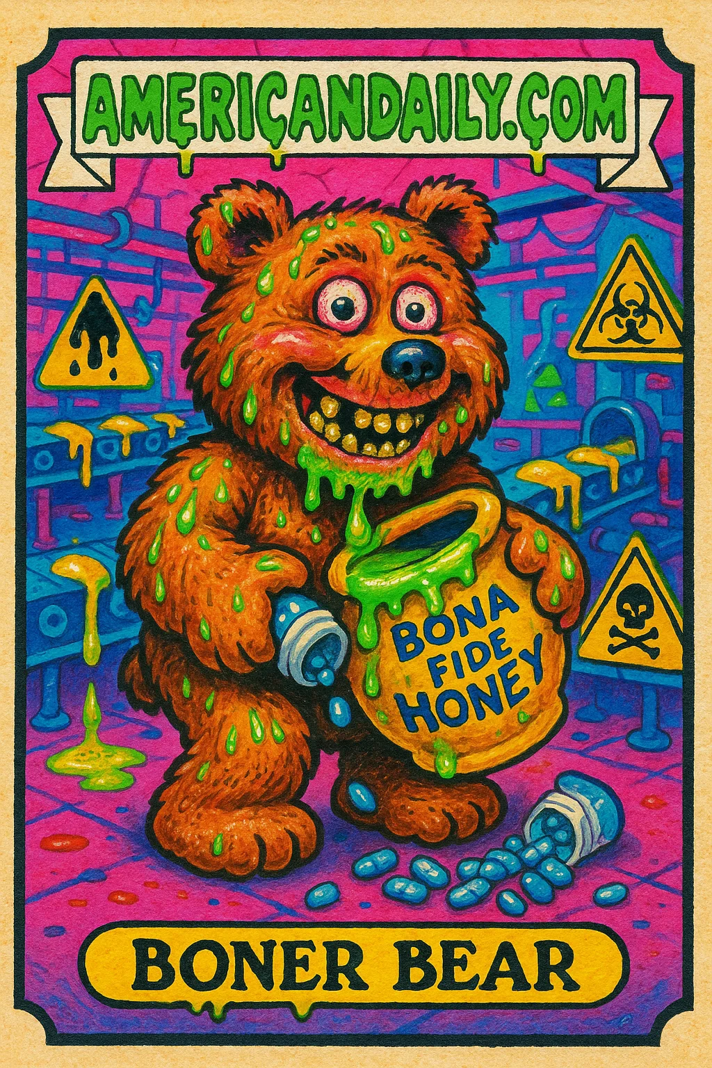 A satirical trading card of a grotesque bear named Boner Bear with sticky fur, messy honey pot, and little blue pills, surrounded by chaotic honey factory setting.
