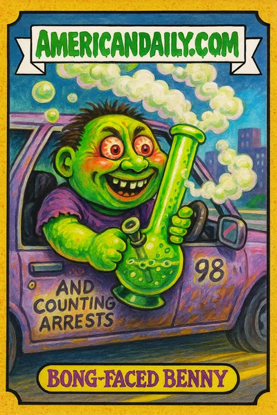 A grotesque trading card depicting Bong-faced Benny, an eccentric with wild eyes and a dashboard bong, driving a dilapidated car.