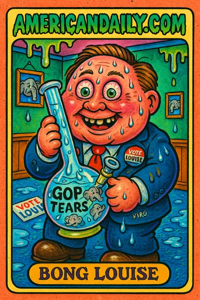 A grotesque caricature of a Virginia legislator with an oversized head, holding a bong labeled 'GOP Tears', surrounded by tear droplets and political paraphernalia.