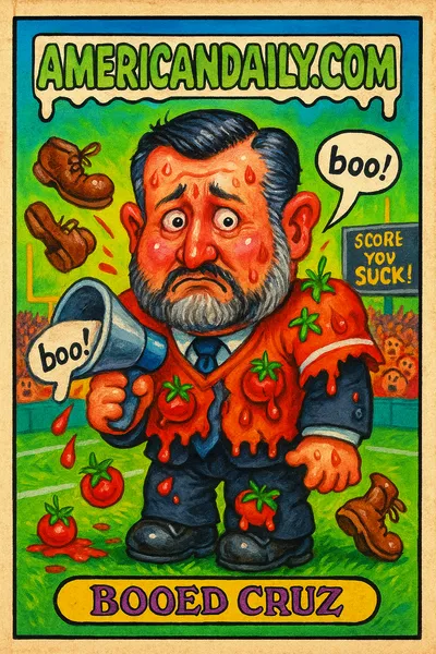 A grotesque depiction of Ted Cruz as 'Booed Cruz', with exaggerated features, being hit by rotting vegetables and boots at a football game.