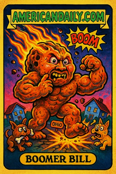 Trading card showing Boomer Bill, a grotesque meteor character, flexing with exploding 'boom' effects and terrified cartoon dogs.