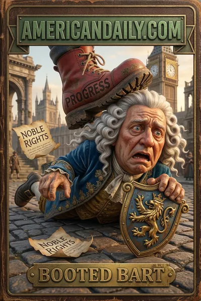 A grotesque cartoon of 'Booted Bart', a forlorn lord being kicked out by a 'Progress' boot, with tattered garments and a shocked expression. — 3D version