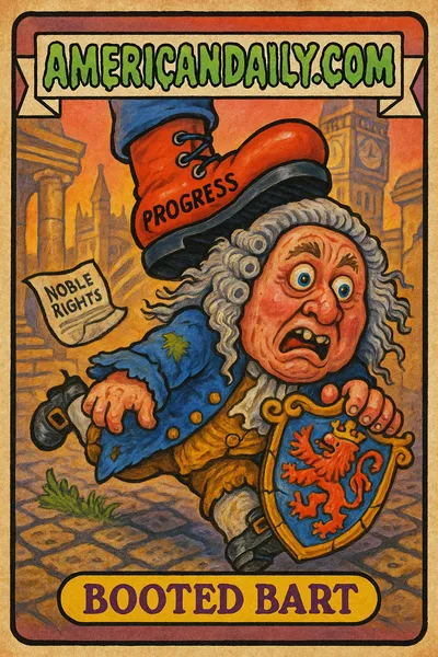 A grotesque cartoon of 'Booted Bart', a forlorn lord being kicked out by a 'Progress' boot, with tattered garments and a shocked expression.