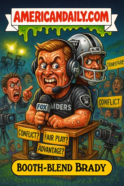 Caricature of Brady split owner/analyst, headset in coaching booth, reporters pointing, banner AMERICANDAILY.COM, caption Owner, Analyst, Or Advantage?