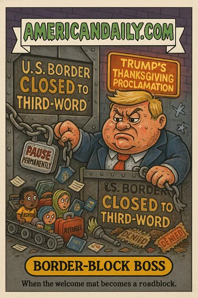 Cartoon trading card showing "Border-Block Boss," a heavy-set cypher holding a giant padlock in front of a locked gate reading "U.S. Border: Closed to Third-World," a conveyor belt jammed with suitcases, passports, and small refugee-figures labeled "Asylee," "Green Card," "Refugee," broken Statue-of-Liberty torch and shredded welcome mats on ground, top banner "AMERICANDAILY.COM," bottom nameplate "BORDER-BLOCK BOSS," caption "When the welcome mat becomes a roadblock."