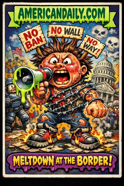 Grotesque cartoon protester fused with barbed wire screaming into a melting megaphone during chaotic anti-immigration policy protests.