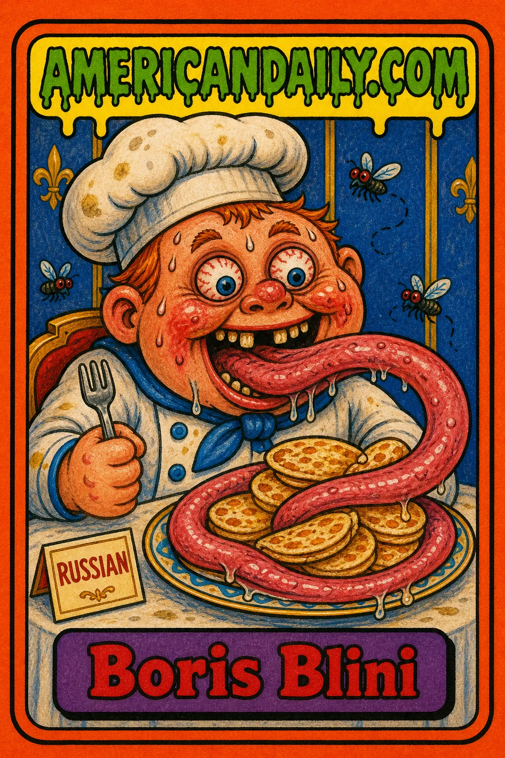 A sweaty, gap-toothed toddler chef with flies nearby lashes a long slimy tongue around blini on a plate, beneath the AMERICANDAILY.COM logo and beside a placard reading “RUSSIAN.” The name plate says “Boris Blini.”