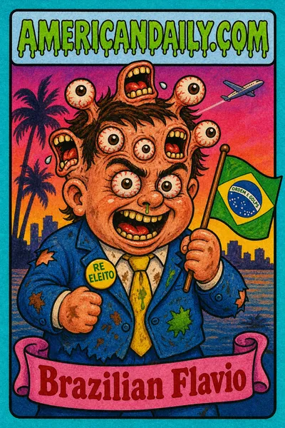 A grotesque cartoon kid resembling Flavio Bolsonaro, in a stained and torn suit, holds a Brazil flag as extra eyes and shouting mouths sprout from his head, with a Miami palm silhouette and tiny airplane behind him.