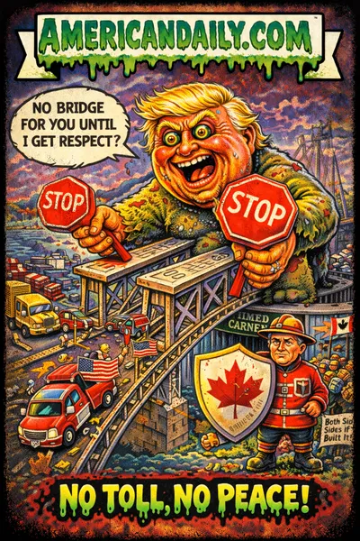 Cartoon trading card of Trump as a bridge troll blocking the Gordie Howe Bridge while Mark Carney holds a maple leaf shield, captioned "NO TOLL, NO PEACE!".