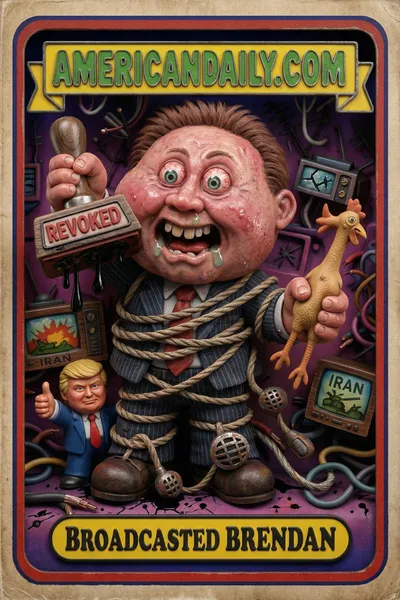 Trading card of 'Broadcasted Brendan', an exaggerated FCC chair with TV sets, chaos, and a Trump figure hovering, spotlighting media license threats. — 3D version