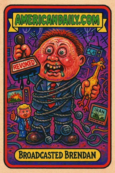 Trading card of 'Broadcasted Brendan', an exaggerated FCC chair with TV sets, chaos, and a Trump figure hovering, spotlighting media license threats.