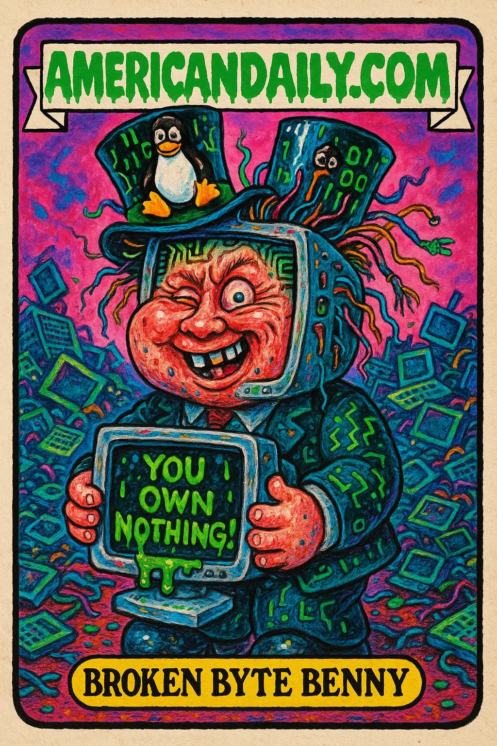 A grotesque tech executive with a computer-like head, wires sticking out, dressed in grimy attire and circuit patterns. He holds a broken monitor oozing green text 'You Own Nothing!' with a background of electronic waste.