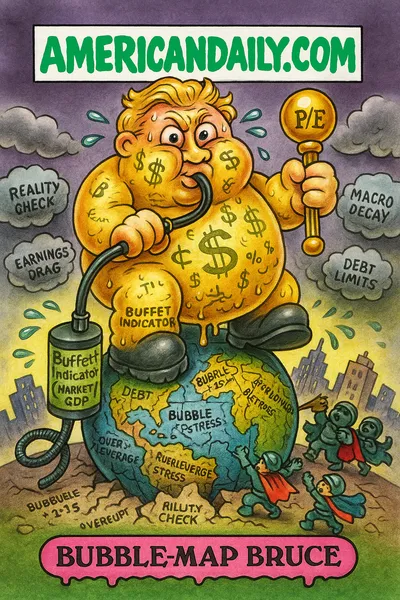 artoon parody of a giant "Bubble Beast" inflating on a cracked globe via a pump marked "Buffett Indicator," holding a P/E orb, with sectors cracking and heroic value investors trying to prop up broken foundations, top banner "AMERICANDAILY.COM."