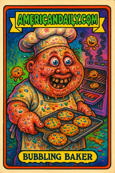 A grotesque baker in a chaotic kitchen, smiling eagerly at plastic-laden cookies, with colorful plastic components visible in the bubbling dough.