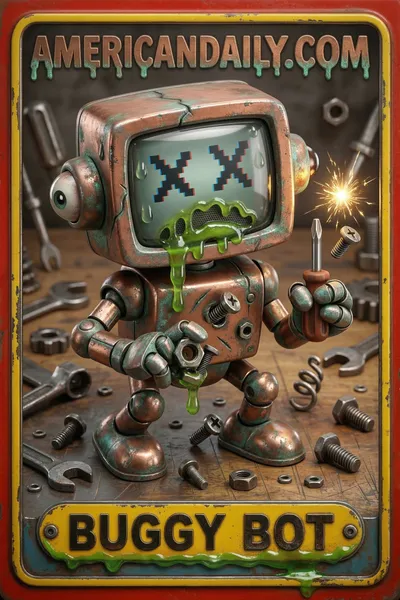 A grotesque cartoon humanoid robot struggling with a tiny screwdriver, amidst a cluttered workshop. Features exaggerated, comic chaos. — 3D version