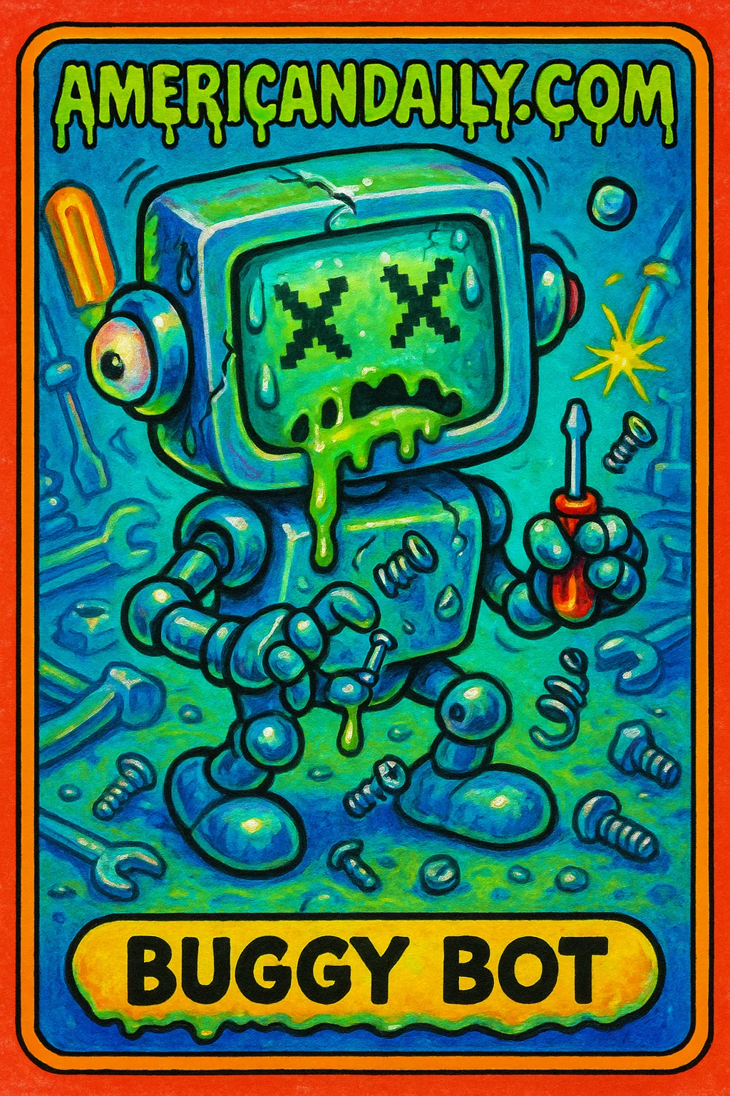 A grotesque cartoon humanoid robot struggling with a tiny screwdriver, amidst a cluttered workshop. Features exaggerated, comic chaos.