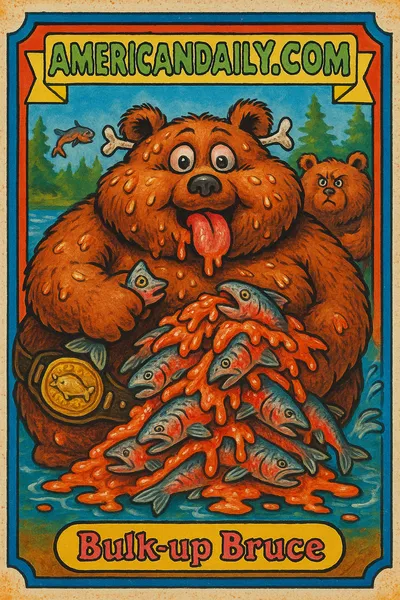 A cartoonishly obese bear gorging on salmon as another bear waits in a lush forest setting.