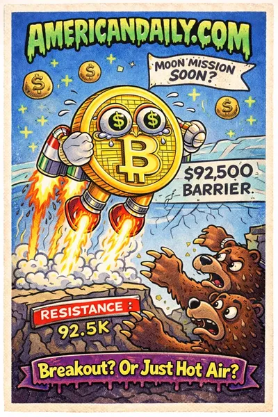 Cartoon Bitcoin with rocket boosters straining against a $92,500 resistance ceiling, bears below, satirical crypto meme.