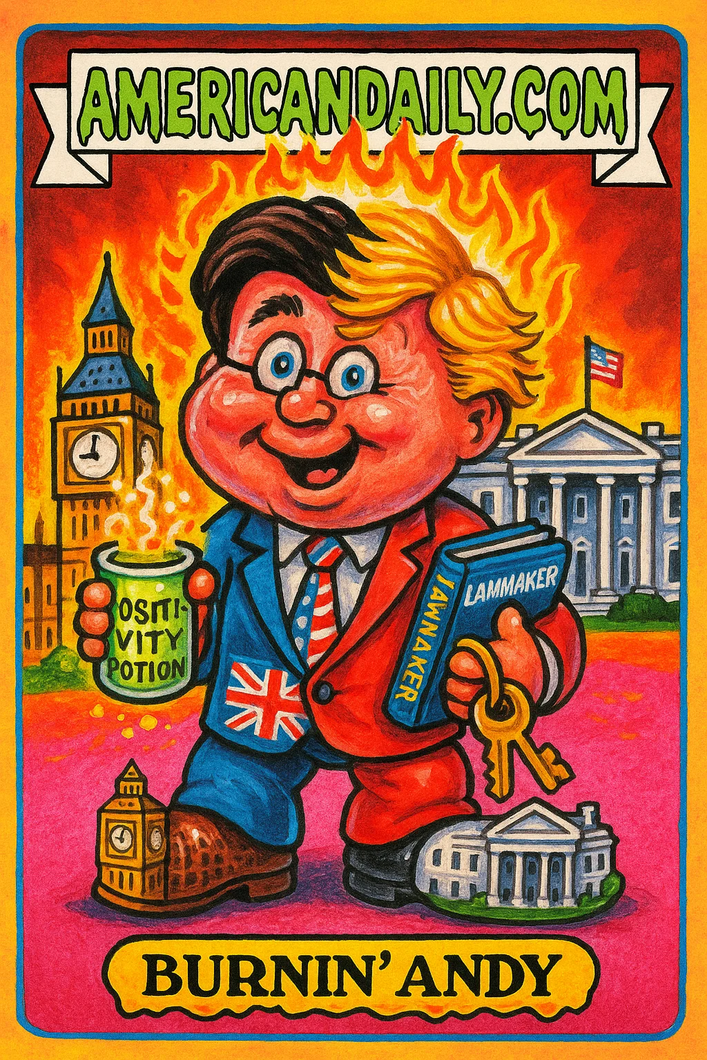 A grotesque caricature of Andy Burnham with mixed features of Donald Trump, set amidst a blend of UK and US political symbols, with exaggerated features and chaotic elements.