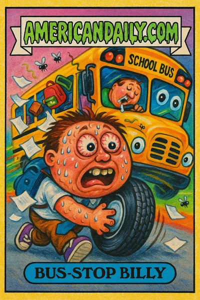 A school bus in chaos with a grotesque student steering, exaggerated wild features, fallen driver slumped at wheel. Papers, backpacks, and flies fill the scene.