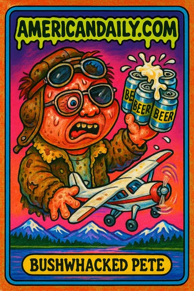 A grotesque pilot battling his plane against an oversized 6-pack of beer crashing into it, set in a surreal Alaskan wilderness.