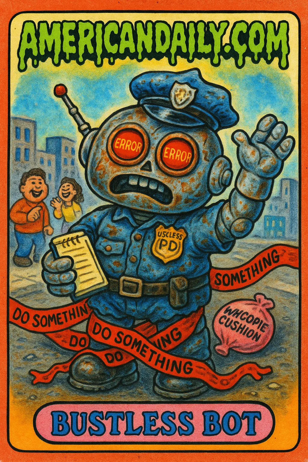 A grotesque robot cop with a blank ticket book and tangled in police tape, representing failure in tech-police integration.