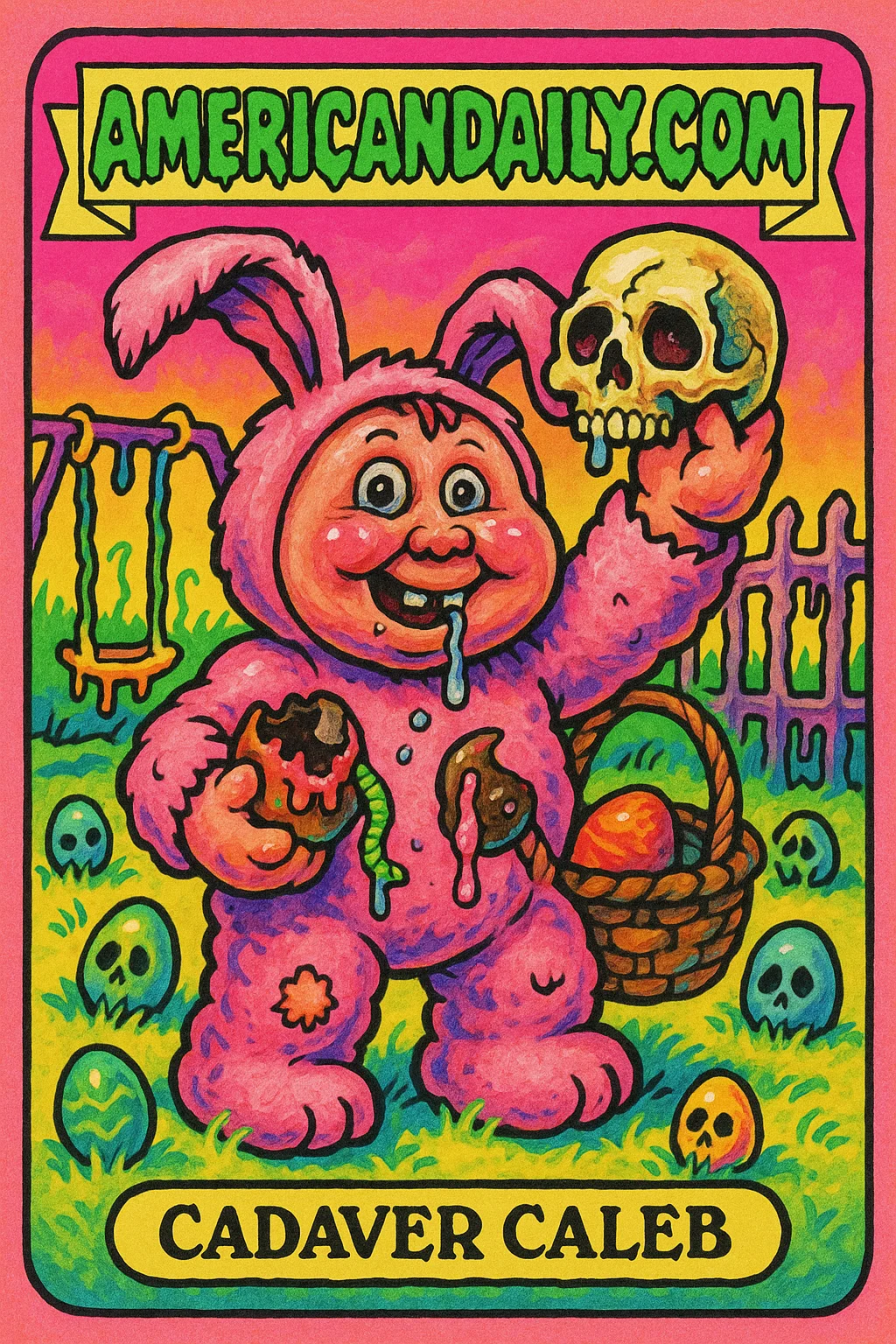 A grotesque child in a tattered bunny costume holding a human skull during an Easter egg hunt, surrounded by skull-like eggs.