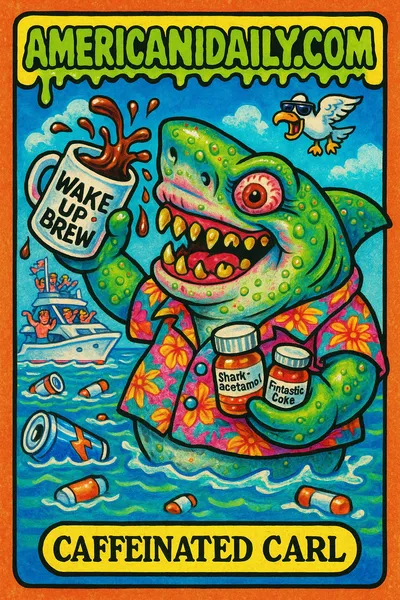 A cartoonishly ugly shark in a Hawaiian shirt holds a coffee mug and pill bottles, surrounded by a partying yacht scene with litter.