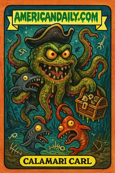 Grotesque Kraken with pirate hat and treasure chest, wrangling prehistoric creatures underwater.