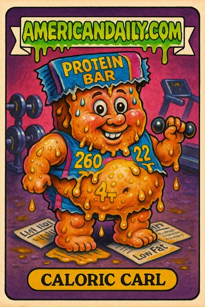 A grotesque protein bar character, 'Caloric Carl', sweats as calories ooze from its seams, standing guilty in a gym scene with greasy equipment.