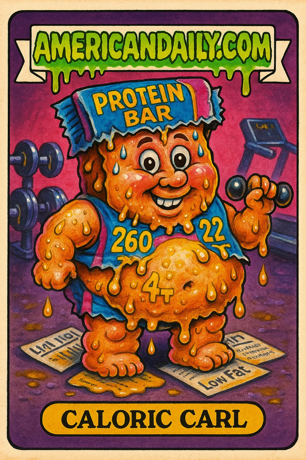 A grotesque protein bar character, 'Caloric Carl', sweats as calories ooze from its seams, standing guilty in a gym scene with greasy equipment.
