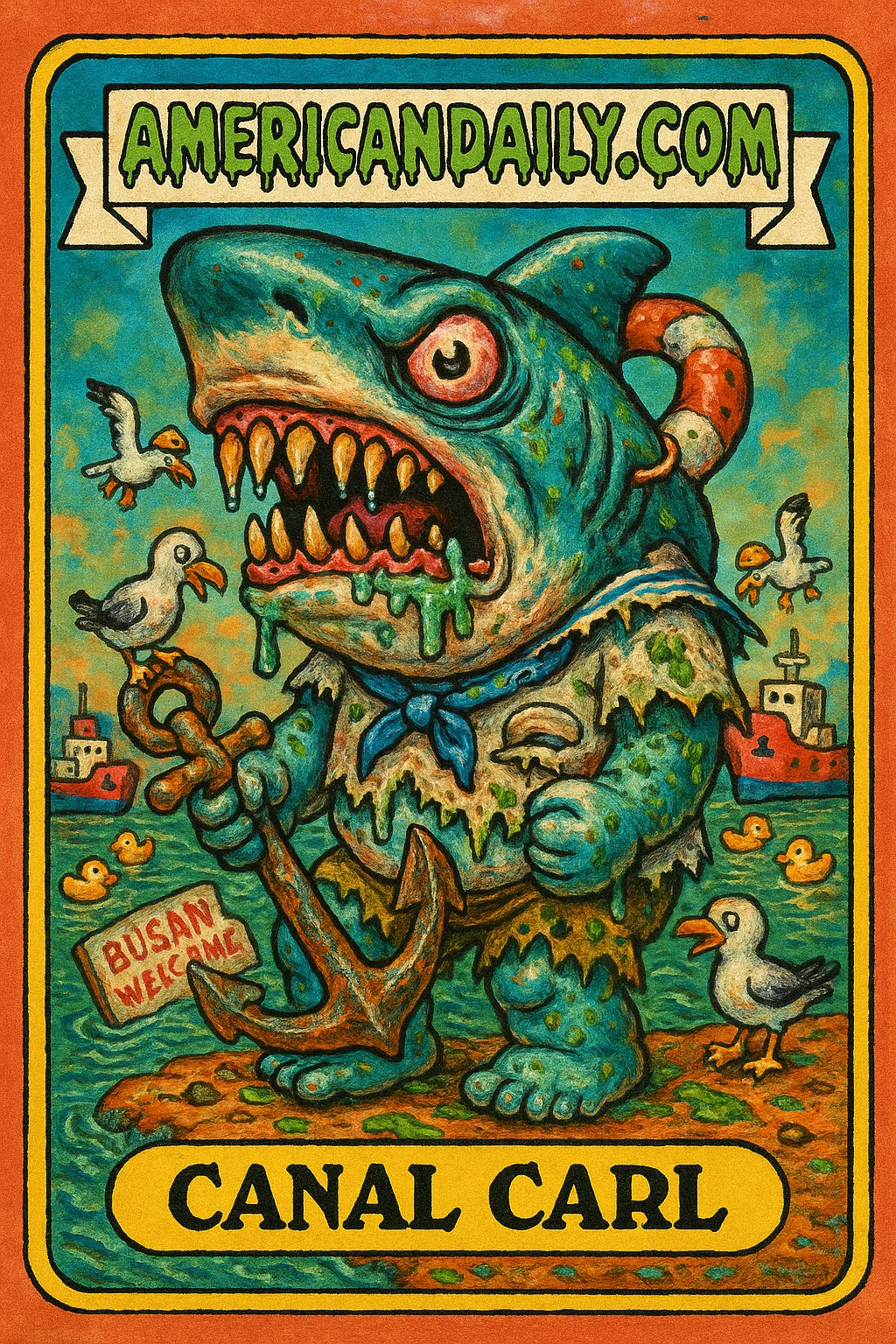 A grotesque shark-human hybrid named Canal Carl with bulging eyes and a tattered sailor outfit stands in a flooded, cartoonishly exaggerated Port of Busan.