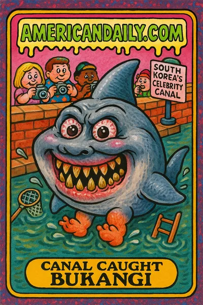 A Garbage Pail Kids-style card features an enormous gray shark named Bukangi merrily stuck in a South Korean canal with tourists taking pictures and small ineffective rescue tools scattered around.