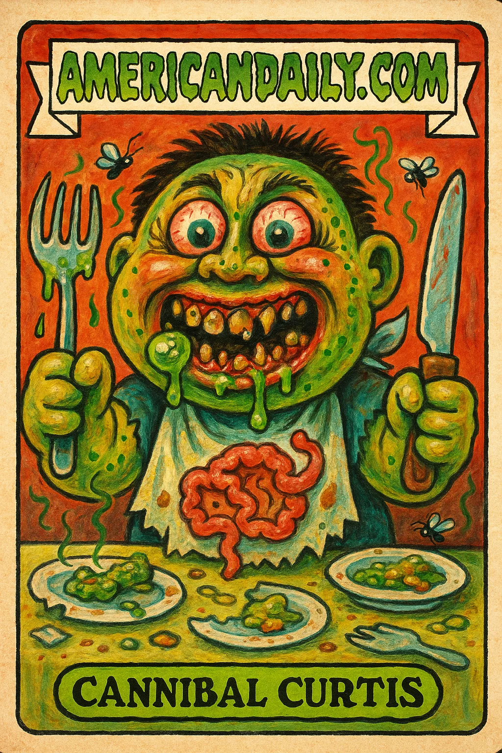 Cannibal Curtis, a grotesque character with sickly green skin and jagged teeth, holds oversized utensils at a chaotic dining table. The scene is cartoonishly gross.